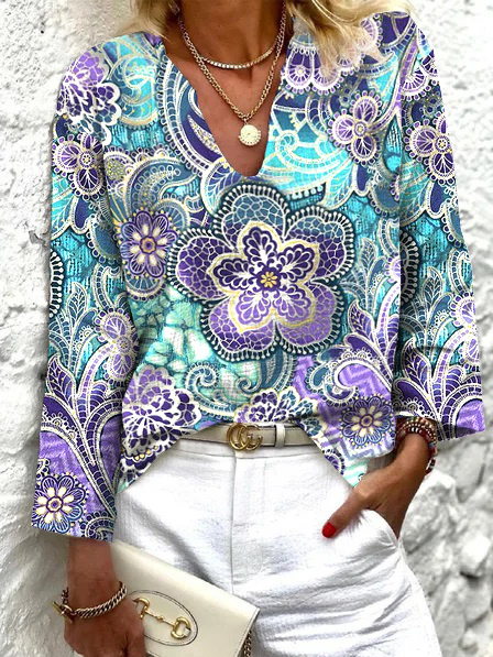 

V neck Loosen Floral Vacation Shirts & Tops, Blue, Blouses & Shirts