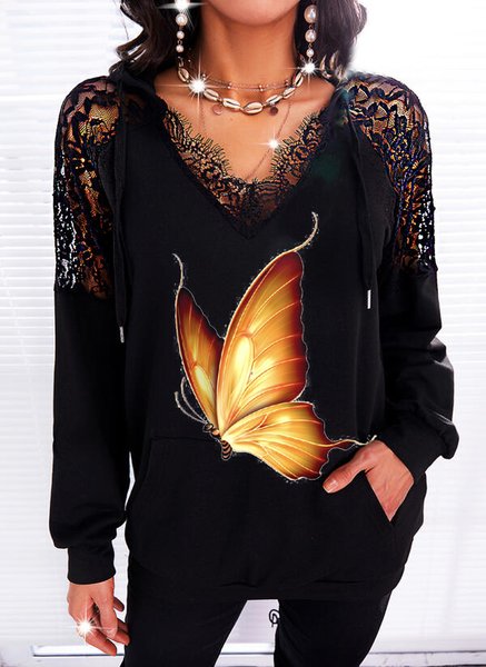 

V Neck Cotton Blends Casual Shirts & Tops, Black, Tops