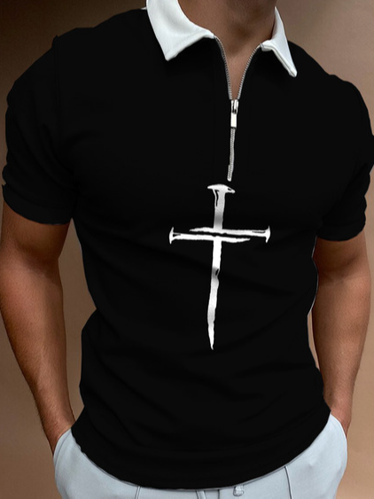 

Casual fashion casual digital printing zipper polo shirt, As picture, Men's Top