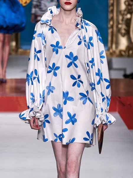 

Floral Long Sleeve Floral Lady Mini Dress, Blue, Mini Dresses
