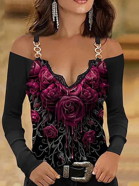 

Elegant Regular Fit Floral Shirts & Tops, Red, Long sleeve tops