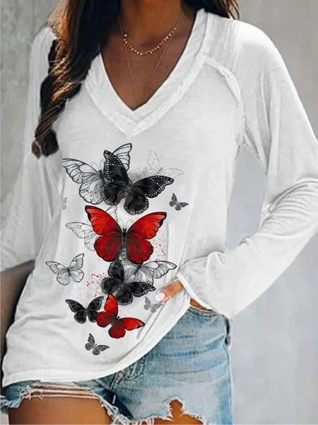 

Butterfly Printed V Neck Long Sleeve Loosen Casual Shirts & Tops, White, Tops