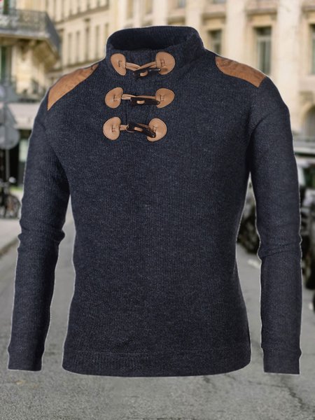 

Men's Button-Decorated High-Neck Long-Sleeved Slim-Fit Sweater, Deep gray, Sweater