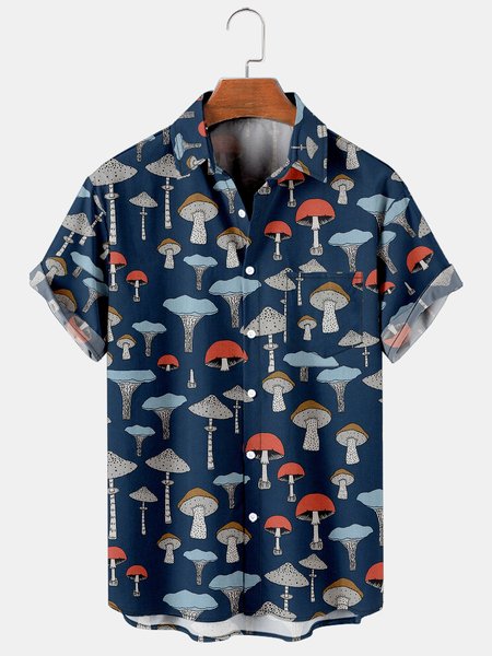 

Mens Mushroom Print Casual Breathable Chest Pocket Short Sleeve Hawaiian Shirts, Blue, Men's Floral shirt