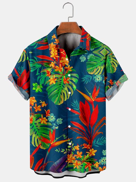 

Mens Plant Print Casual Breathable Hawaiian Short Sleeve Shirt, As picture, Men's Floral shirt