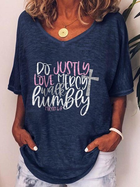 

Do Justly Love Mercy Print Short-sleeved Loose V-neck T-shirt, Blue, T-Shirts