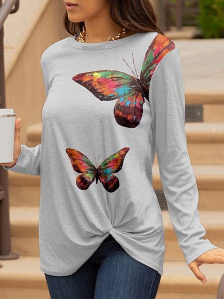 

Long Sleeve Butterfly Printed Crew Neck Knot Front Plus Size Casual Women Tunic Tops, Gray, T-Shirts