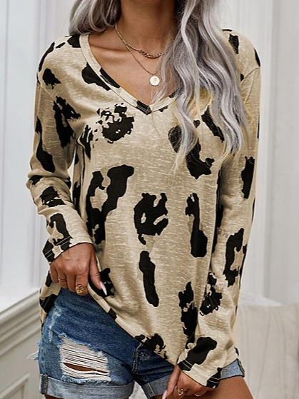 

Leopard print long-sleeved T-shirt Casual V Neck Loosen Shirts & Tops, Khaki, Long sleeve tops