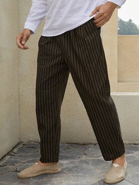 

American leisure Cotton And linen Stripe Trousers Of Nine Points, As picture, Men's pants