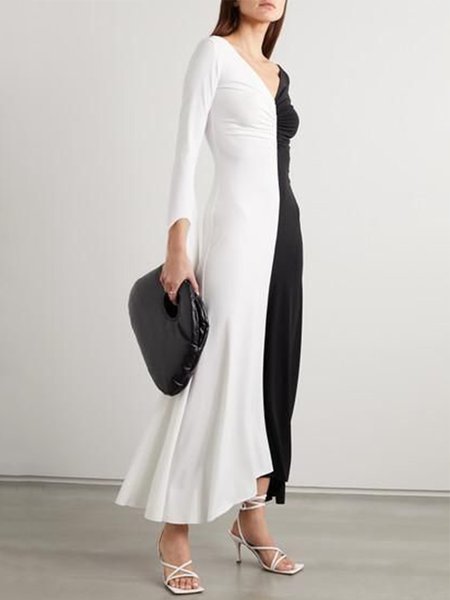 

Lady Solid Long Sleeve Regular Fit Maxi Dress, Black-white, Midi Dresses