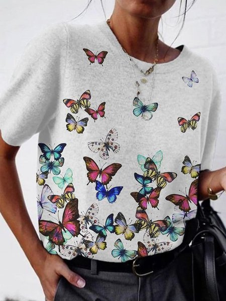 

Butterfly Printed Short Sleeve Loosen Casual Shirts & Tops, White, T-Shirts