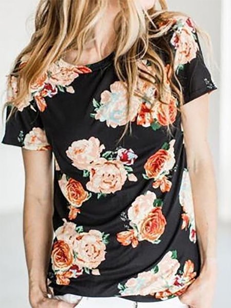 

Casual Loosen Floral Printed T-shirt T-shirt, Black, T-Shirts