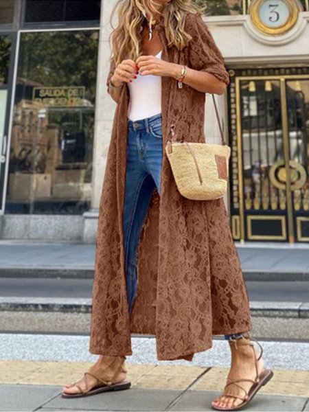 

Shirt Collar Vacation Lace Outerwear, Coffee, Cardigans
