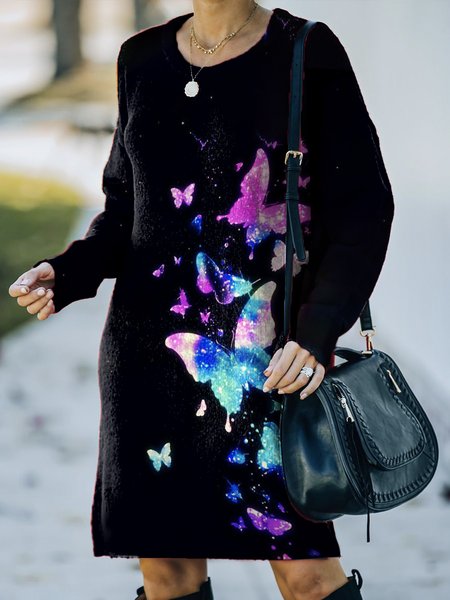 

Butterfly Print Crew Neck Long Sleeve Casual Mini Dresses, Black, Mini Dresses