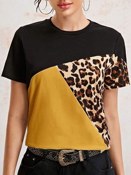 

Black and yellow contrast geometric stitching leopard print short-sleeved T-shirt Leopard Casual Shirts & Tops, Multicolor, T-Shirts