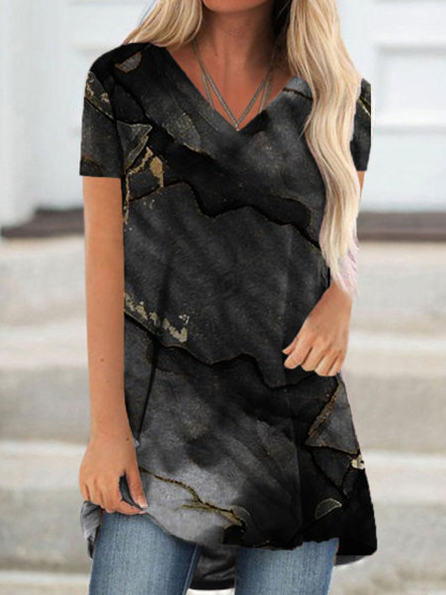 

V Neck Geometric Casual Shirts & Tops, Gray, T-Shirts