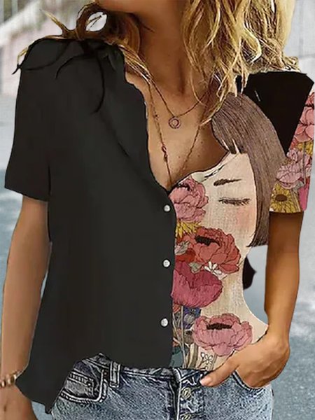 

Shirt Collar Sweet Color Block Shirts & Tops, Black, T-Shirts