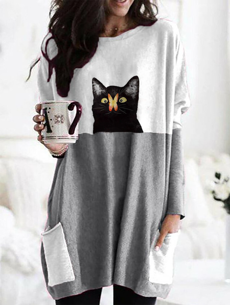 

Plus size Cat Printed Casual Long Sleeve Knitting Dress, Gray, Mini Dresses
