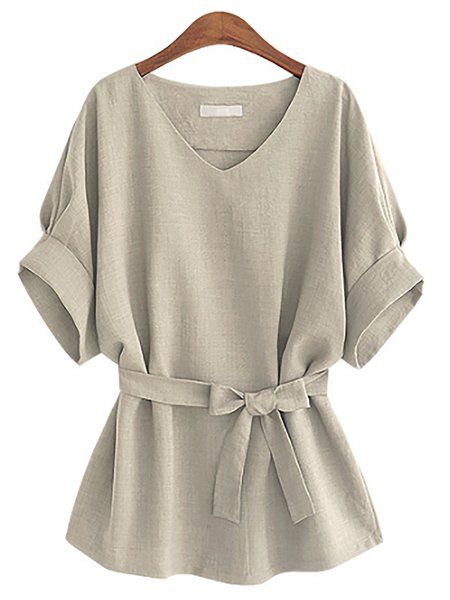 

Solido Scollo a V Metà Manica Allentare Top, Cachi, Blouses & Shirts