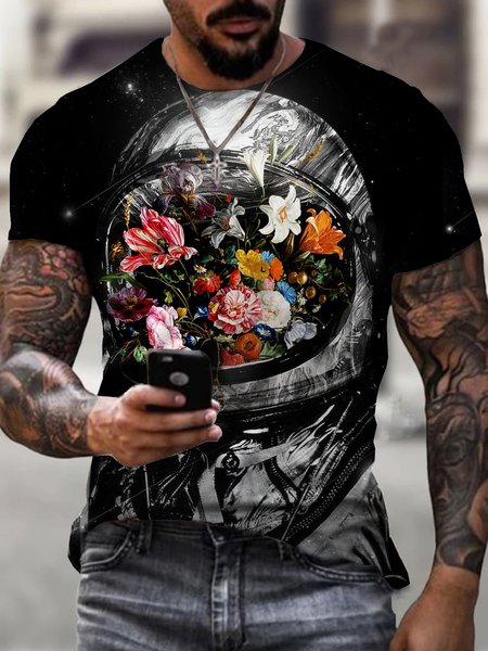 

Men's Shirt Cosmic Flower Street Short Sleeve T-shirt, Black, T-shirts