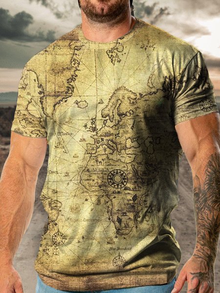 

vintage Map Short Sleeve Casual Shirts & Tops, Brown, T-shirts