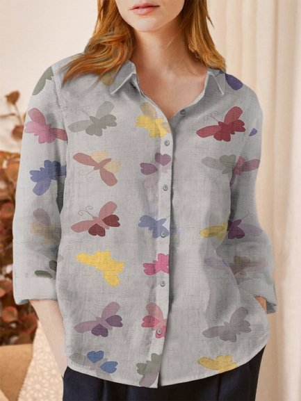 

Long Sleeve Butterflies Printed Plus Size Casual Women Shirt Tops, Gray, Blouses & Shirts
