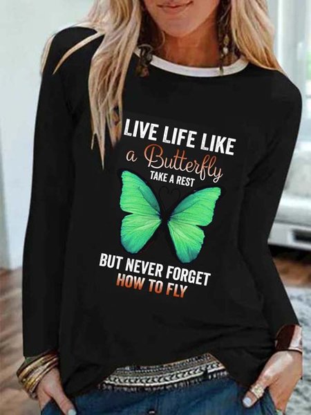 

Long Sleeve Butterfly Crew Neck Casual Shirts & Tops Graphic T-shirts For Women, Black, T-Shirts