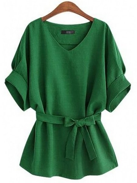 

Solid V Neck Half Sleeves Loosen Tops, Green, Tops