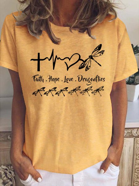 

Faith hope love dragonflies round neck short sleeve T-shirt, Yellow, T-shirts