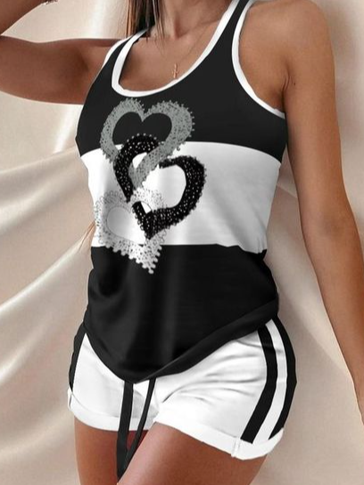 

Love black and white contrast color vest and shorts two-piece suit Sporty Suits, Suits