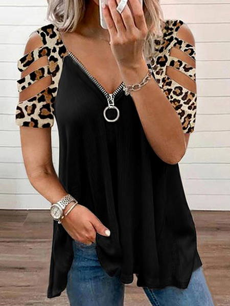 

Lace-up strapless leopard print stitching zipper neckline top V Neck Loosen Sexy Sweatshirt, Black, Sweatshirts & Hoodies
