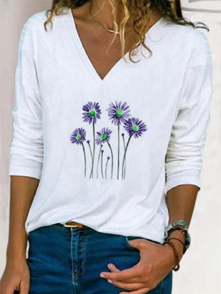 

Plus Size Long Sleeve Floral Casual Shirts & Tops, White, T-Shirts