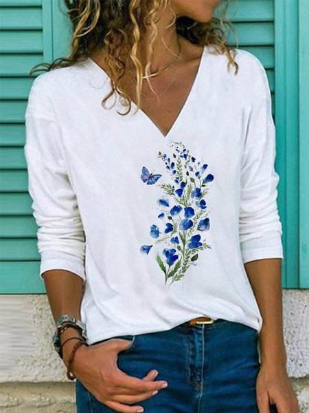 

Floral Long sleeve Casual V Neck Tops Women, White, Tops
