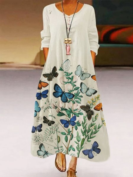 

Butterfly Print Buttoned V Neck Long Sleeve Casual Maxi Dresses, Apricot, Maxi Dresses