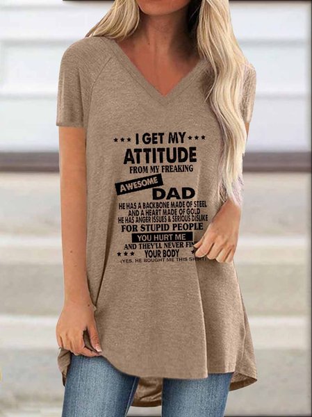 

I Get A Awesome Dad Print Letter Casual Cotton Blends Shirts & Tops, Khaki, T-Shirts