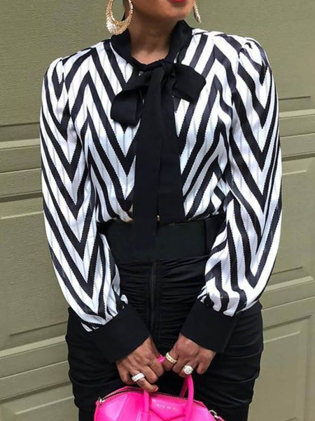 

Spring Tie Neck Elegant Work Formal Date Daily Long sleeve Tops, Black-white, Blouses and Shirts