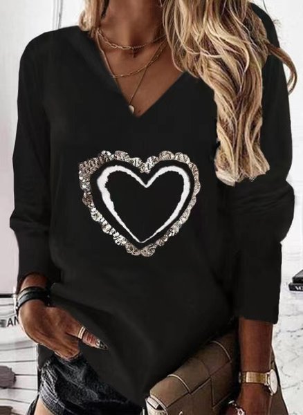 

Cotton Blends Valentine's Day Party love Loosen Shirts & Tops, Black, Tops