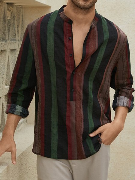 

Men's Cotton Striped Half-button Casual Long-sleeved Henley Shirt, As picture, Shirts ＆ Blouse