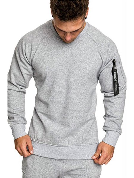 

Pure Color Casual Cuffs Zipper Stitching Round Neck Sweatshirt, Light gray, Men's Top