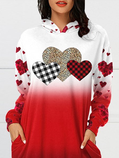 

Valentine's Day Hooded Long Sleeve Printed Skirt, White, Casual Dresses