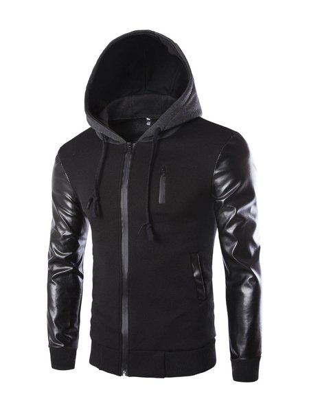 

Men's Leather Hooded Jacket, Black, Outerwear
