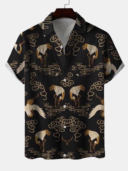 

Japanese Crane Short-sleeved Shirt, Black, Shirts ＆ Blouse