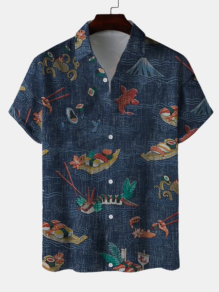

Japanese Sushi Pattern Short-sleeved Shirt, As picture, Shirts ＆ Blouse