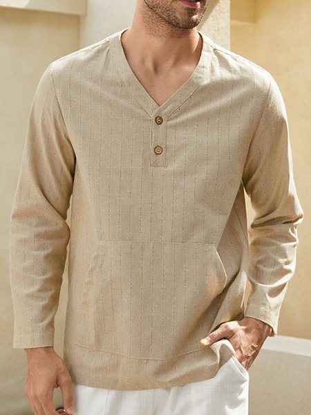 

Men's Cotton and Linen Striped Waist Kangaroo Casual Henry, Apricot, Shirts ＆ Blouse