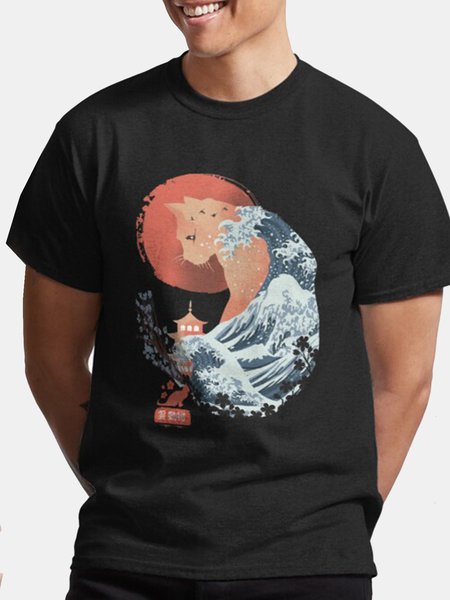 

Ukiyo-e Cat Short-sleeved T-shirt, Black, T-Shirts