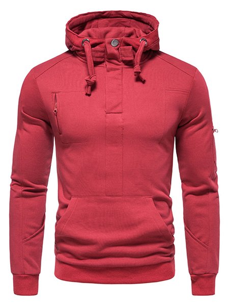 

Pure Color Casual Plus Size Hooded Sweatshirt, Wine red, Men's Top