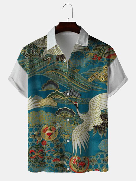 

Ukiyo-e Japanese Pattern Short-sleeved Shirt, As picture, Shirts ＆ Blouse