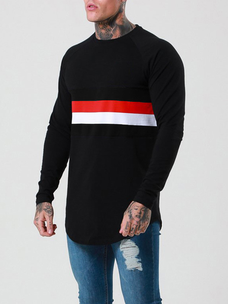 

Men's Striped Printed Round Neck Long Sleeve Tee, Black, T-shirt