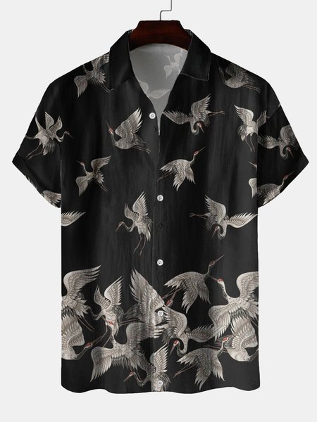 

Ukiyo-e Japanese Animal Print Short-sleeved Shirt, As picture, Men's Floral shirt