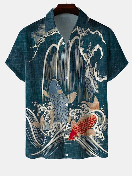

Ukiyo-e Carp Short Sleeve Shirt, As picture, Men's Floral shirt